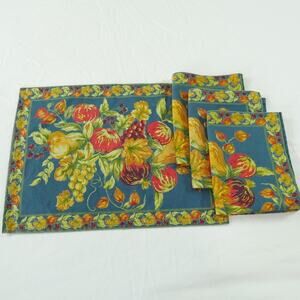 April Cornell Placemats Set of 4 Fruit Print On Blue French Country Cottagecore